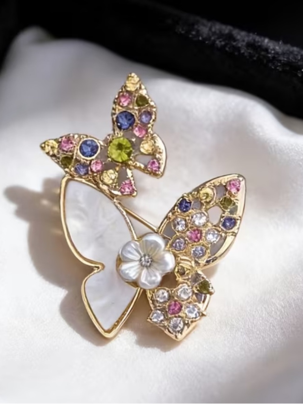 Gold-Tone Mixed Color Crystal Butterfly Brooch with Pearl Flower
